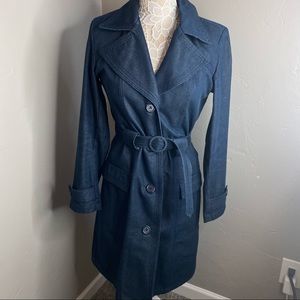 GAP || long dark denim jacket with belt size small